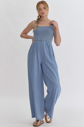 Denim Square Neck Sleeveless Jumpsuit featuring Smocking at Front and Back