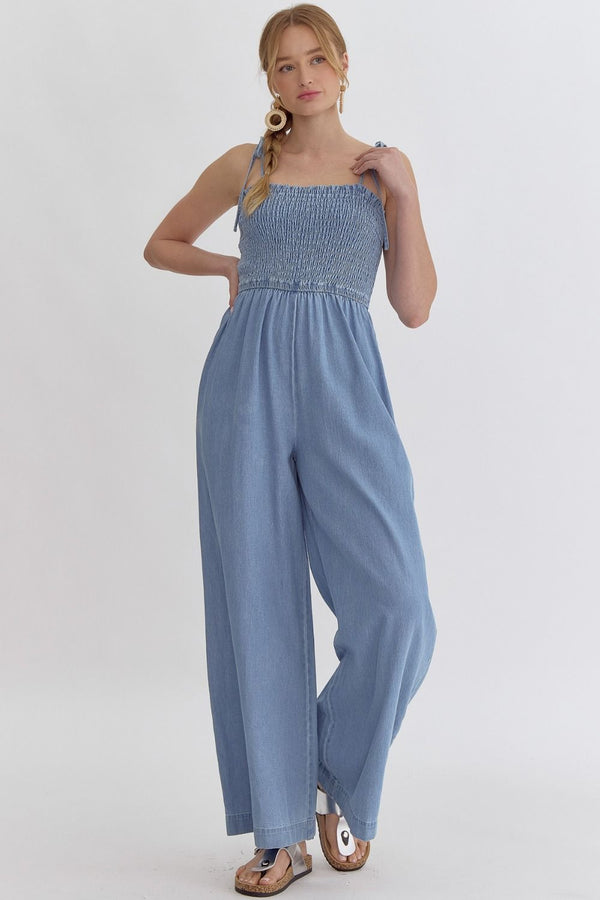 Denim Square Neck Sleeveless Jumpsuit featuring Smocking at Front and Back