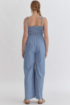 Denim Square Neck Sleeveless Jumpsuit featuring Smocking at Front and Back