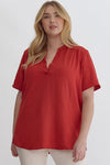 Solid V-neck Placket Top