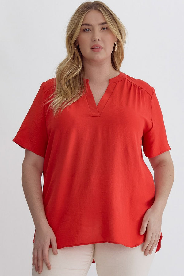 Solid V-neck Placket Top