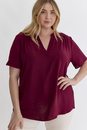 Solid V-neck Placket Top