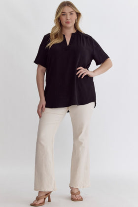 Solid V-neck Placket Top
