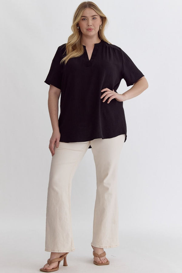 Solid V-neck Placket Top