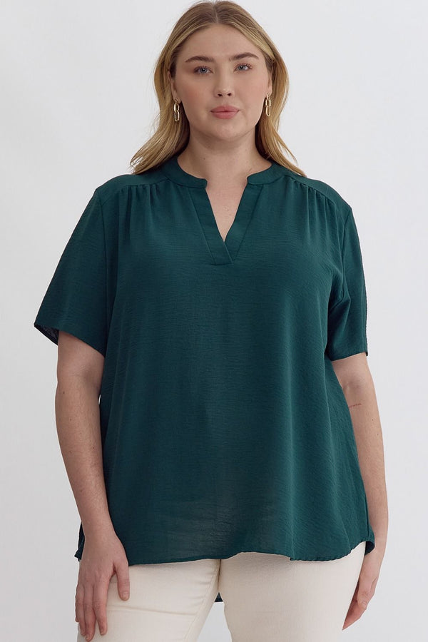 Solid V-neck Placket Top