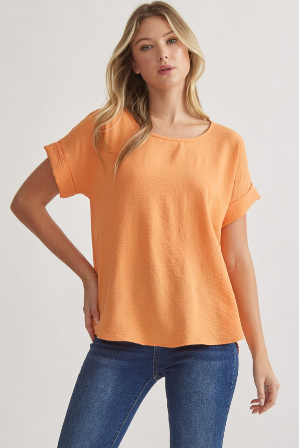 Scoop-Neck Top Featuring Permanent Rolled Sleeve Detail