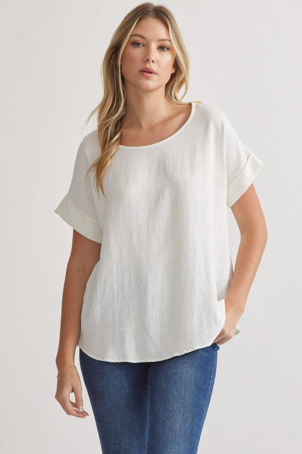 Scoop-Neck Top Featuring Permanent Rolled Sleeve Detail