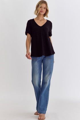 V-Neck SS Top Featuring Rolled Sleeve Hem