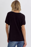 V-Neck SS Top Featuring Rolled Sleeve Hem