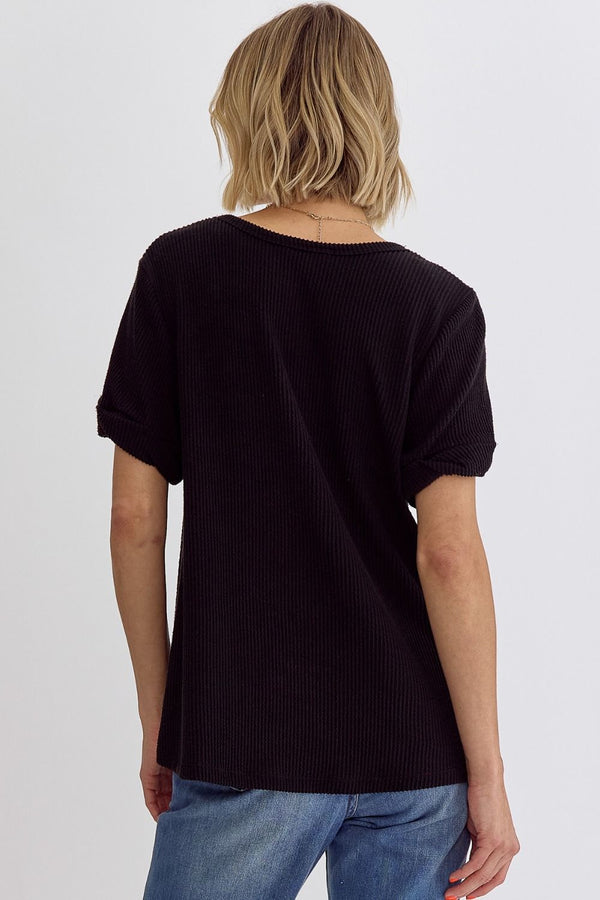 V-Neck SS Top Featuring Rolled Sleeve Hem