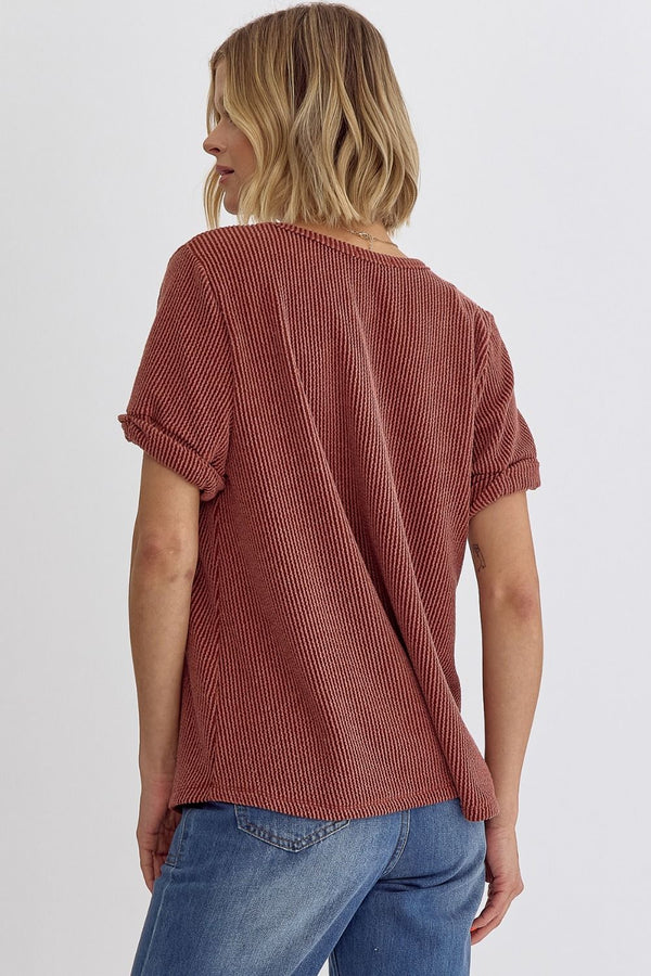 V-Neck SS Top Featuring Rolled Sleeve Hem