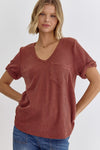 V-Neck SS Top Featuring Rolled Sleeve Hem