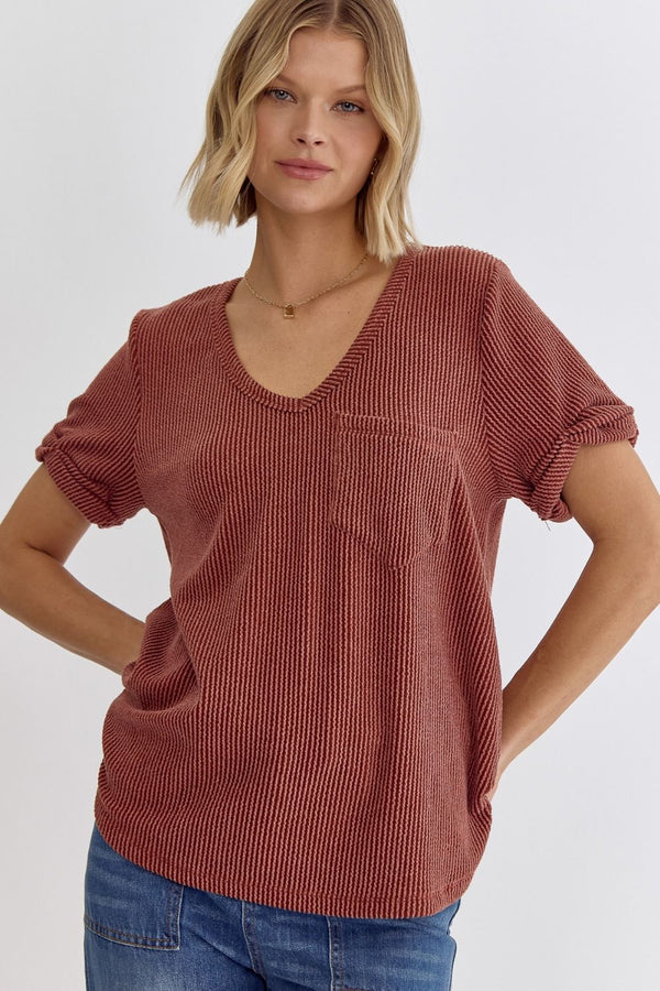 V-Neck SS Top Featuring Rolled Sleeve Hem
