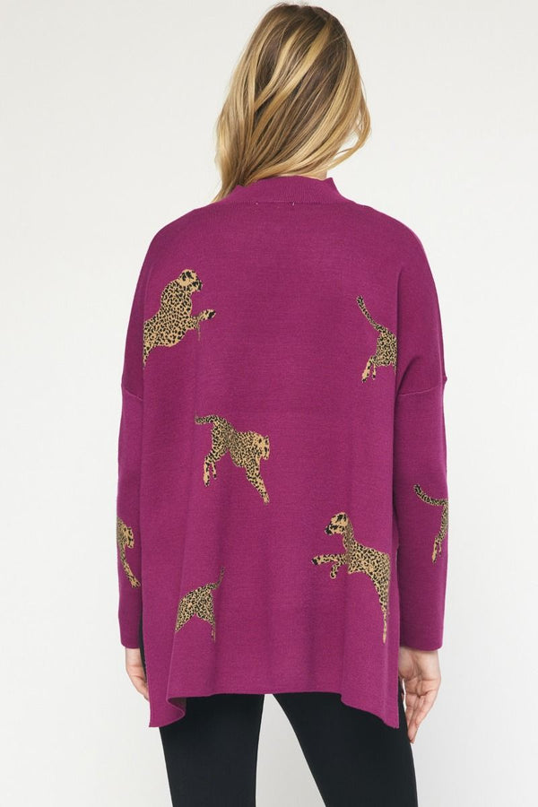 Cheetah Print Mock Neck LS Sweater Top