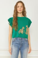 Round Neck Ruffle Sleeve Crop Top Featuring Cheetah Print on Front