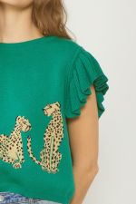 Round Neck Ruffle Sleeve Crop Top Featuring Cheetah Print on Front