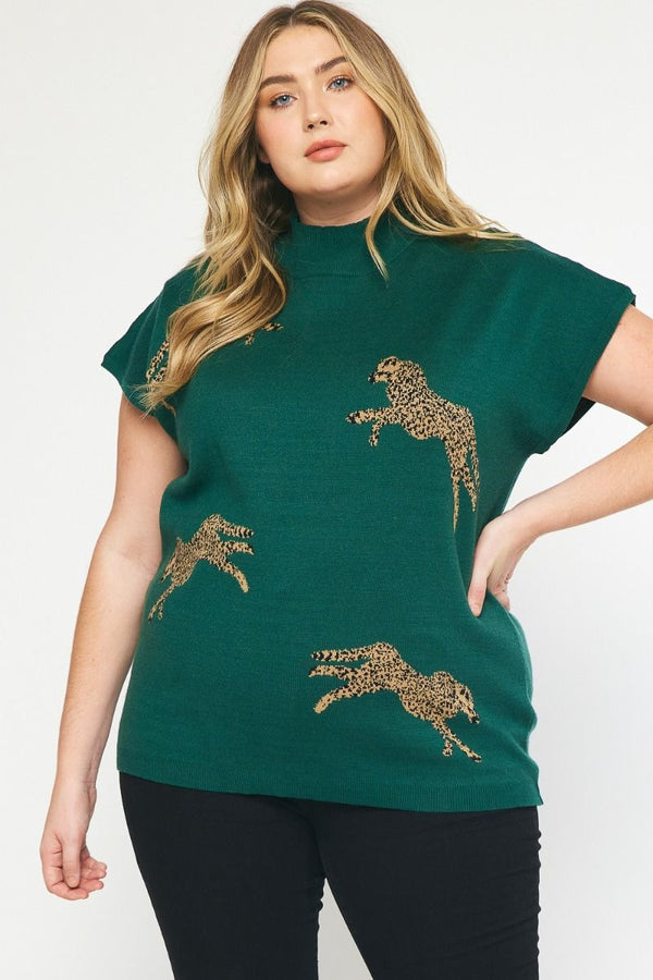 Leopard Print Mock Neck SS Cropped Sweater