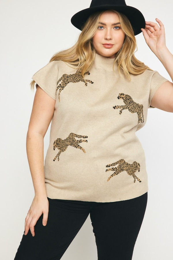 Leopard Print Mock Neck SS Cropped Sweater