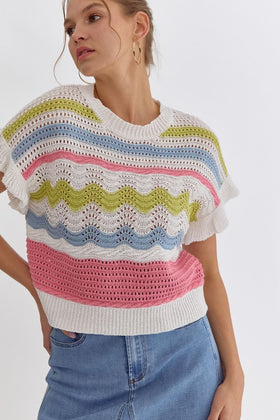 Colorblock Crochet Knitted Sleeveless Cropped Sweater