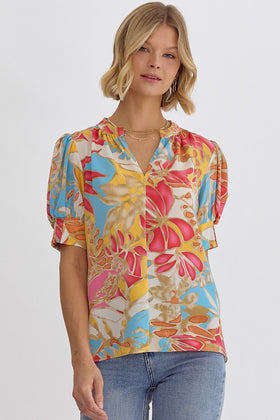 Printed V-Neck Short Sleeve Top Featuring Puff Shoulders