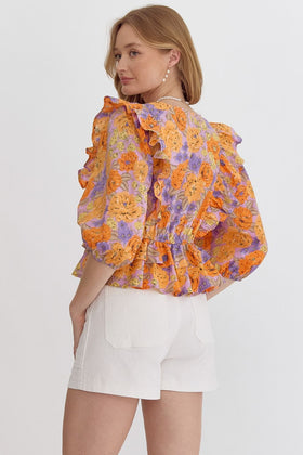 Floral Print V-Neck 3/4 Sleeve Peplum Top Featuring Ruffle Detail