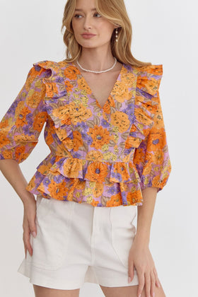 Floral Print V-Neck 3/4 Sleeve Peplum Top Featuring Ruffle Detail