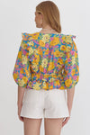 Floral Print V-Neck 3/4 Sleeve Peplum Top Featuring Ruffle Detail
