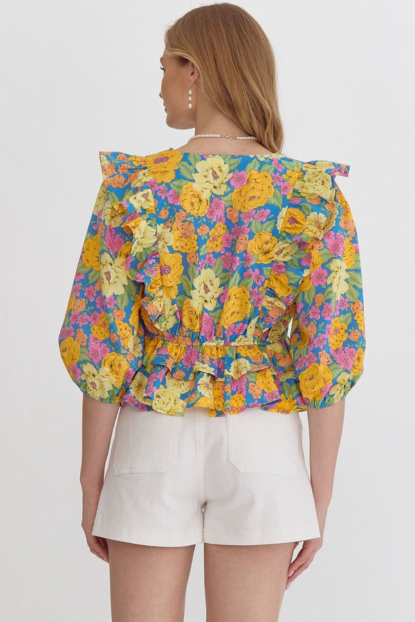 Floral Print V-Neck 3/4 Sleeve Peplum Top Featuring Ruffle Detail