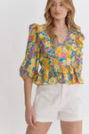 Floral Print V-Neck 3/4 Sleeve Peplum Top Featuring Ruffle Detail