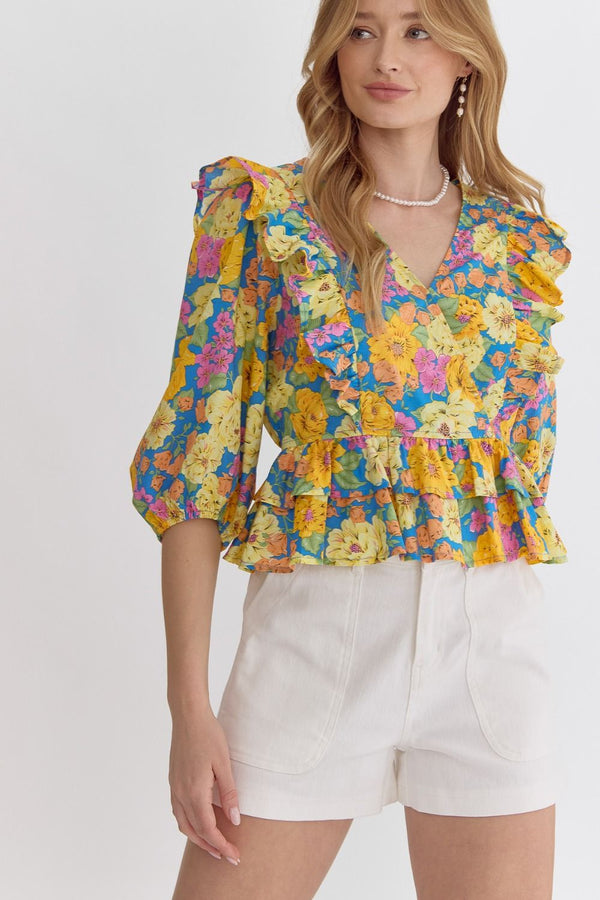 Floral Print V-Neck 3/4 Sleeve Peplum Top Featuring Ruffle Detail