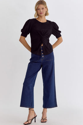 Solid Round Neck SS Top Featuring Twist Detail At Front