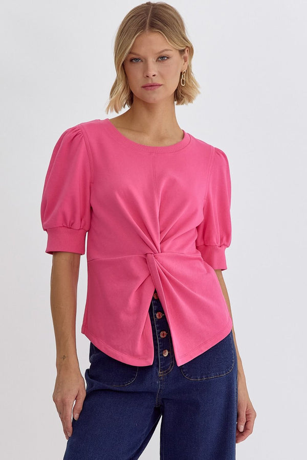 Solid Round Neck SS Top Featuring Twist Detail At Front
