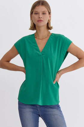 Solid V-Neck Short Sleeve Top Featuring Placket Detail