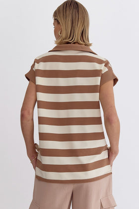Stripe Collared Cap Sleeve V-Neck Top W/Slit at Sides
