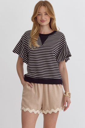 Striped Short Ruffled Sleeve Round Neck Top