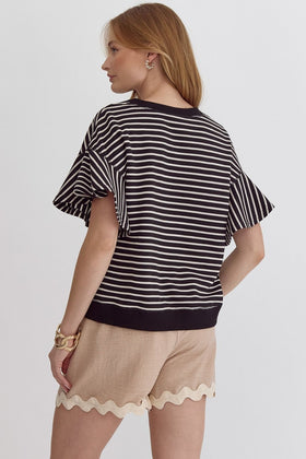 Striped Short Ruffled Sleeve Round Neck Top