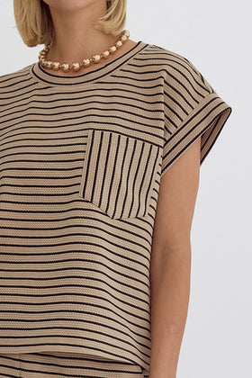 Textured Stripe Short Sleeve Top Featuring Pocket Detail At Bust