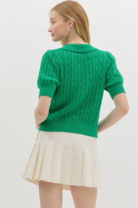 Solid Sweater Cable Knit Short Sleeve Pullover Top Featuring Spread Collar