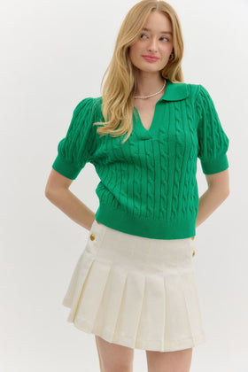 Solid Sweater Cable Knit Short Sleeve Pullover Top Featuring Spread Collar
