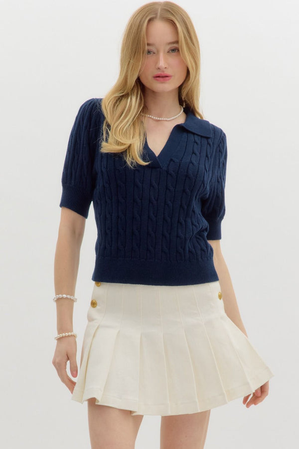 Solid Sweater Cable Knit Short Sleeve Pullover Top Featuring Spread Collar