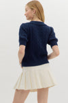 Solid Sweater Cable Knit Short Sleeve Pullover Top Featuring Spread Collar