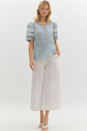 Paisley Print Structured Shoulder Short Puff Sleeve Pullover Top