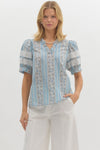 Paisley Print Structured Shoulder Short Puff Sleeve Pullover Top