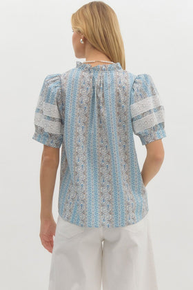 Paisley Print Structured Shoulder Short Puff Sleeve Pullover Top