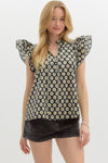 Floral Medallion Print Double Layer Shoulder Ruffle Pullover Top