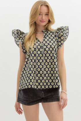 Floral Medallion Print Double Layer Shoulder Ruffle Pullover Top
