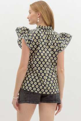 Floral Medallion Print Double Layer Shoulder Ruffle Pullover Top