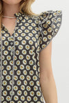 Floral Medallion Print Double Layer Shoulder Ruffle Pullover Top
