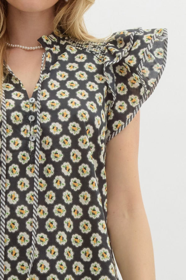 Floral Medallion Print Double Layer Shoulder Ruffle Pullover Top
