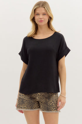 Classic Round Neck Short Roll-Up Sleeve Pullover Top